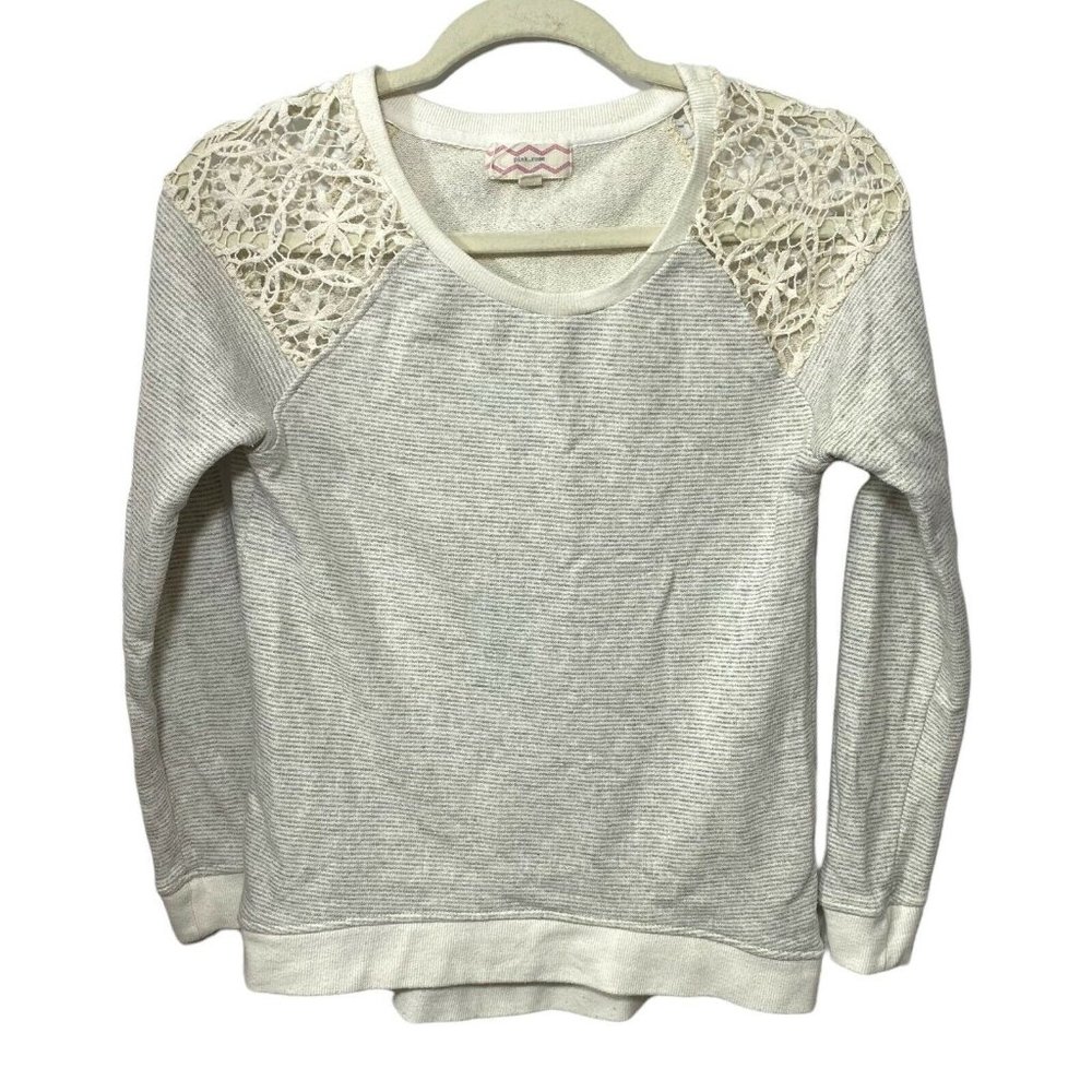 Pink Rose Sweater Womens Size Small Cream Grey Striped Crochet Long Sleeve